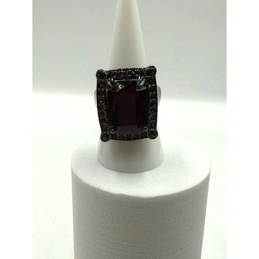 Gunmetal Purple Crystal Cocktail Ring Emerald Cut Statement Halo Size 7.5